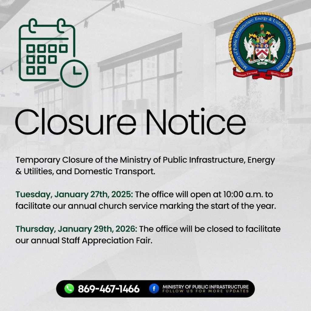 Closure Notice – Ministry of Public Infrastructure: Energies, Utilities and Domestic Transport