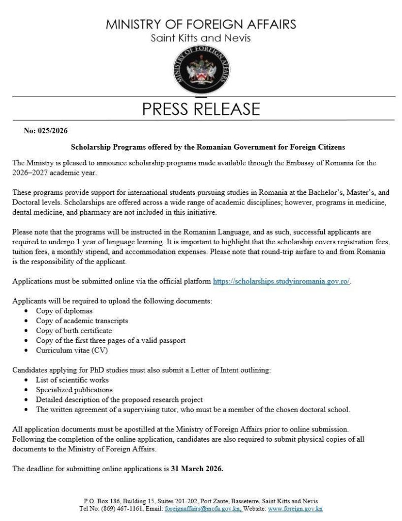 MOFA Press Release Scholarship Programs offered by the Romanian Government for Foreign Citizens